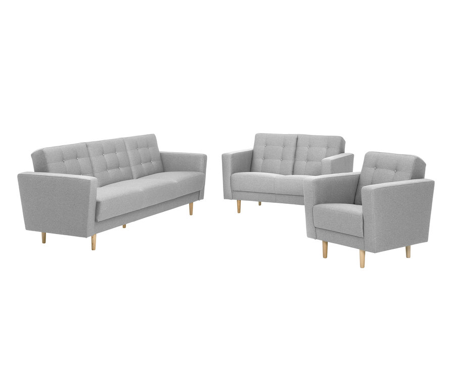 Ein hellgraues 3-Sitzer-Schlafsofa »Janny«, ein hellgraues 2-Sitzer-Sofa »Janny« und ein hellgrauer Max-Winzer®-Sessel »Janny«.