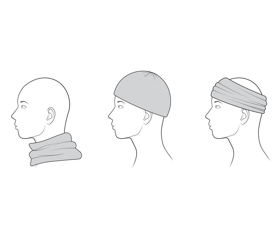 Zeichnungen zeigen Multifunktionsschal und -mütze an im Profil gezeigten Modellen.