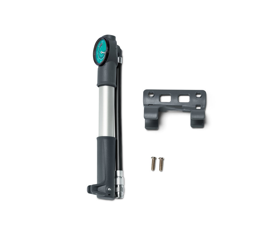 Graue 2-Wege-Minipumpe mit Manometer, Halterung und zwei Schrauben.