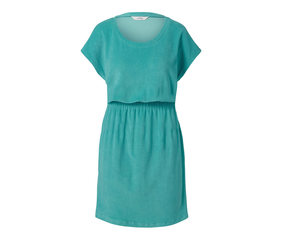 Türkises Frottier-Kleid mit kurzen Ärmeln.