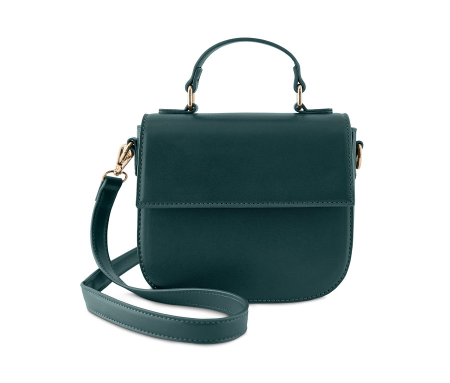 Grüne Umhängetasche mit Tragegriff und abnehmbarem Riemen.