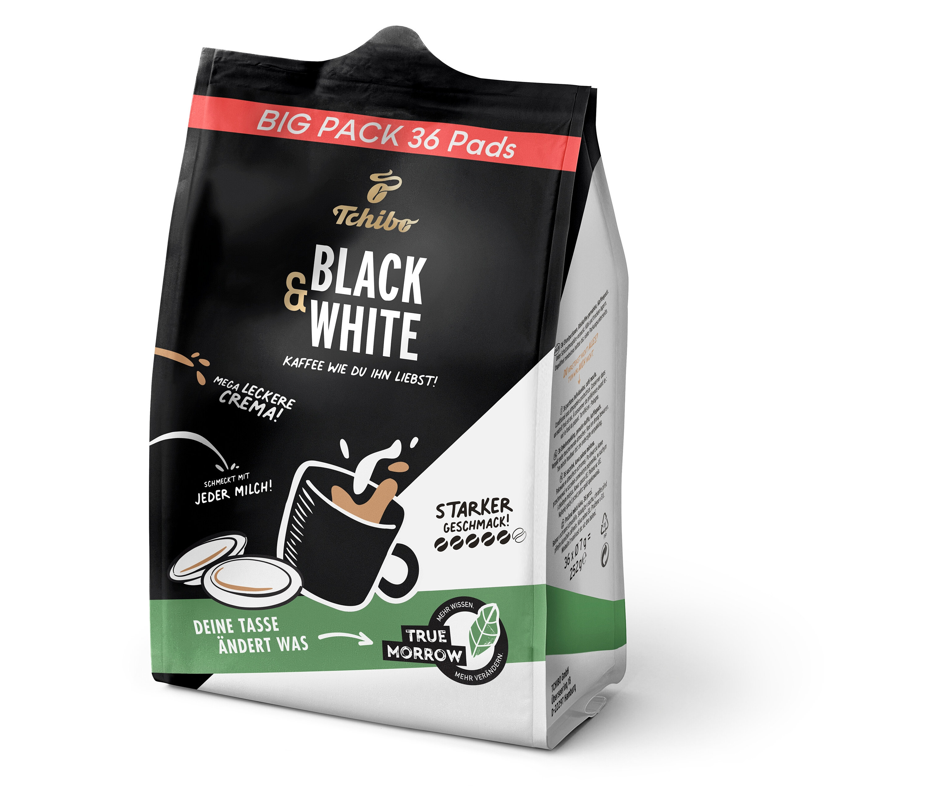 Eine Packung Tchibo Black & White Kaffeepads, Big Pack mit 36 Stück.