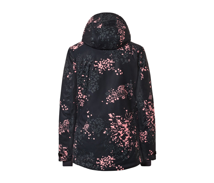 Eine schwarze Halfzip-Skijacke mit Kapuze und rosa-grauem Blumenmuster.
