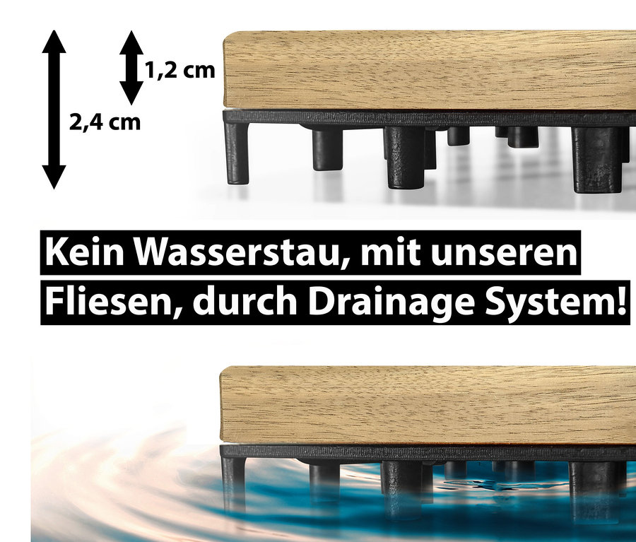 Detailansicht einer hellbeige Holzfliese mit schwarzem Drainagesystem.
