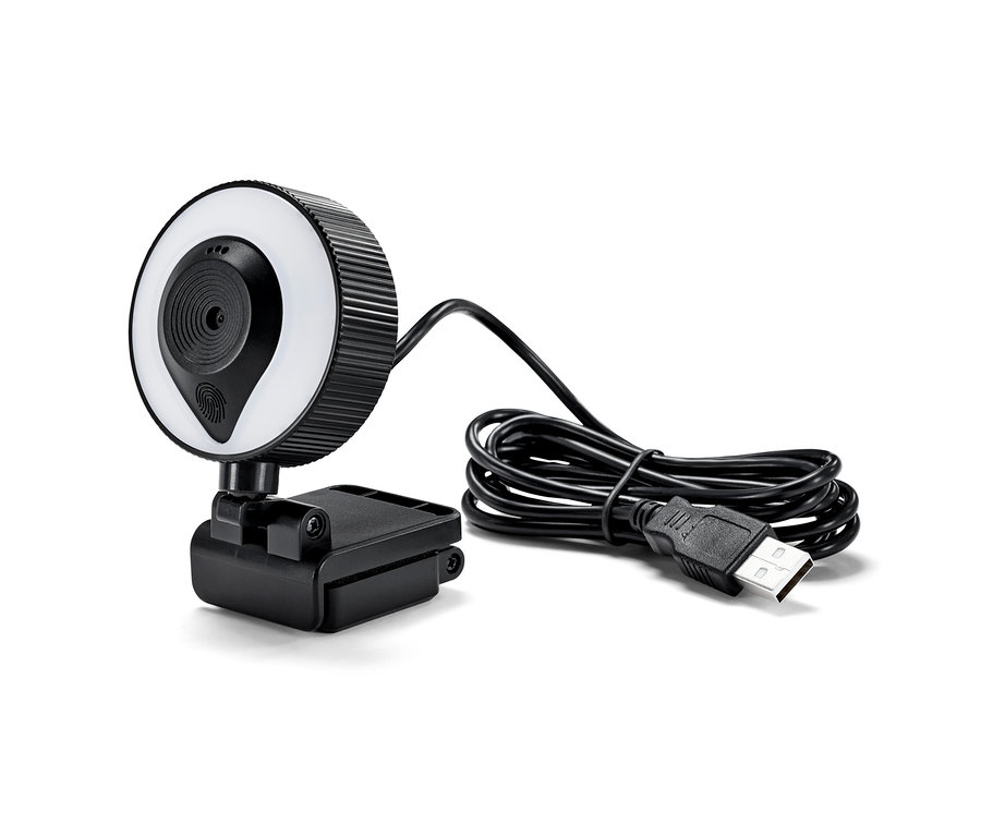 Eine schwarze Webcam mit integriertem Licht und Mikrofon.