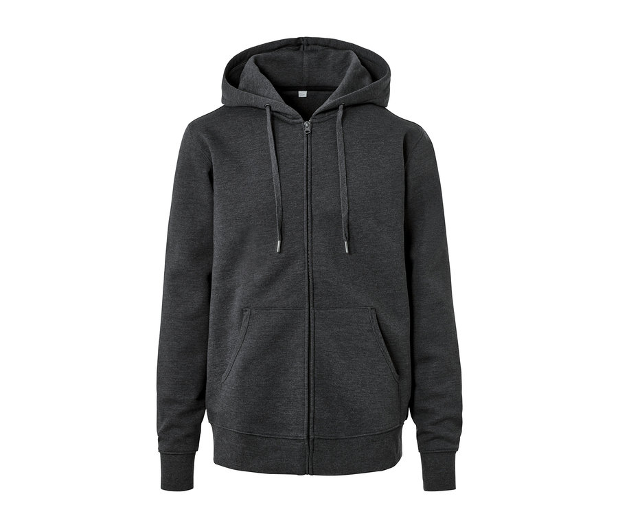Eine anthrazit melierte Kapuzenjacke mit Reißverschluss und Taschen.