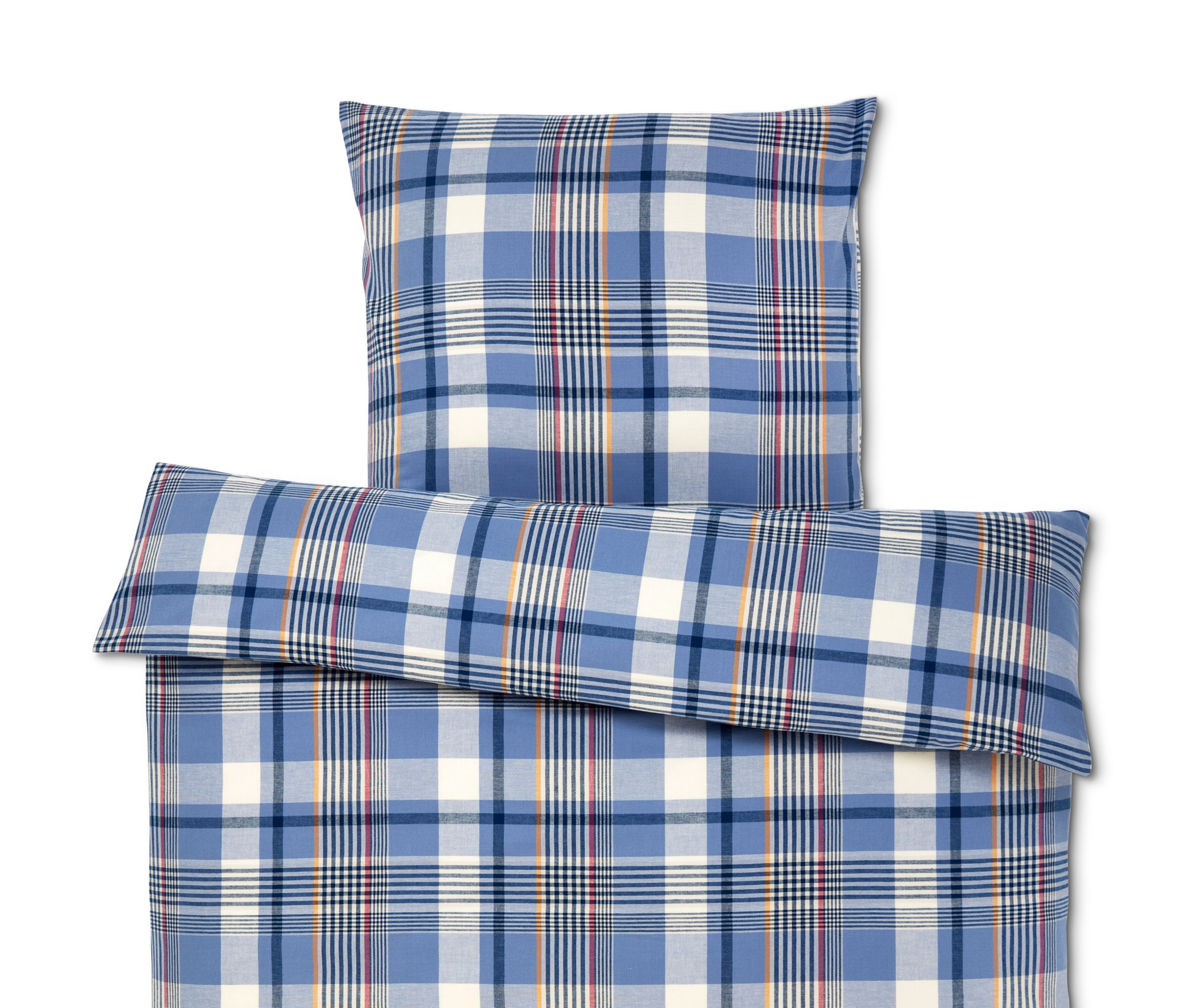 Blau karierte Bettwäsche für Decke und Kissen.