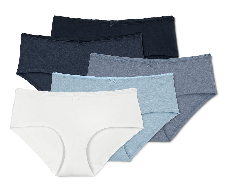 Fünf Pantys in den Farben Dunkelblau, Blau und Weiß.