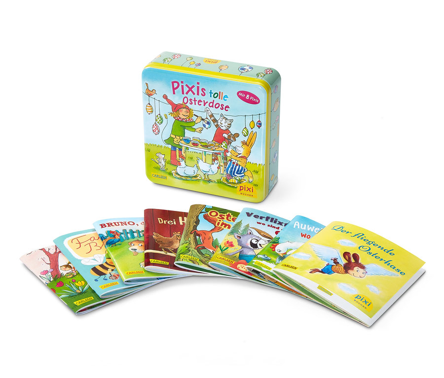 Das Bild zeigt eine Pixis tolle Osterdose und ein Set Pixi-Bücher.