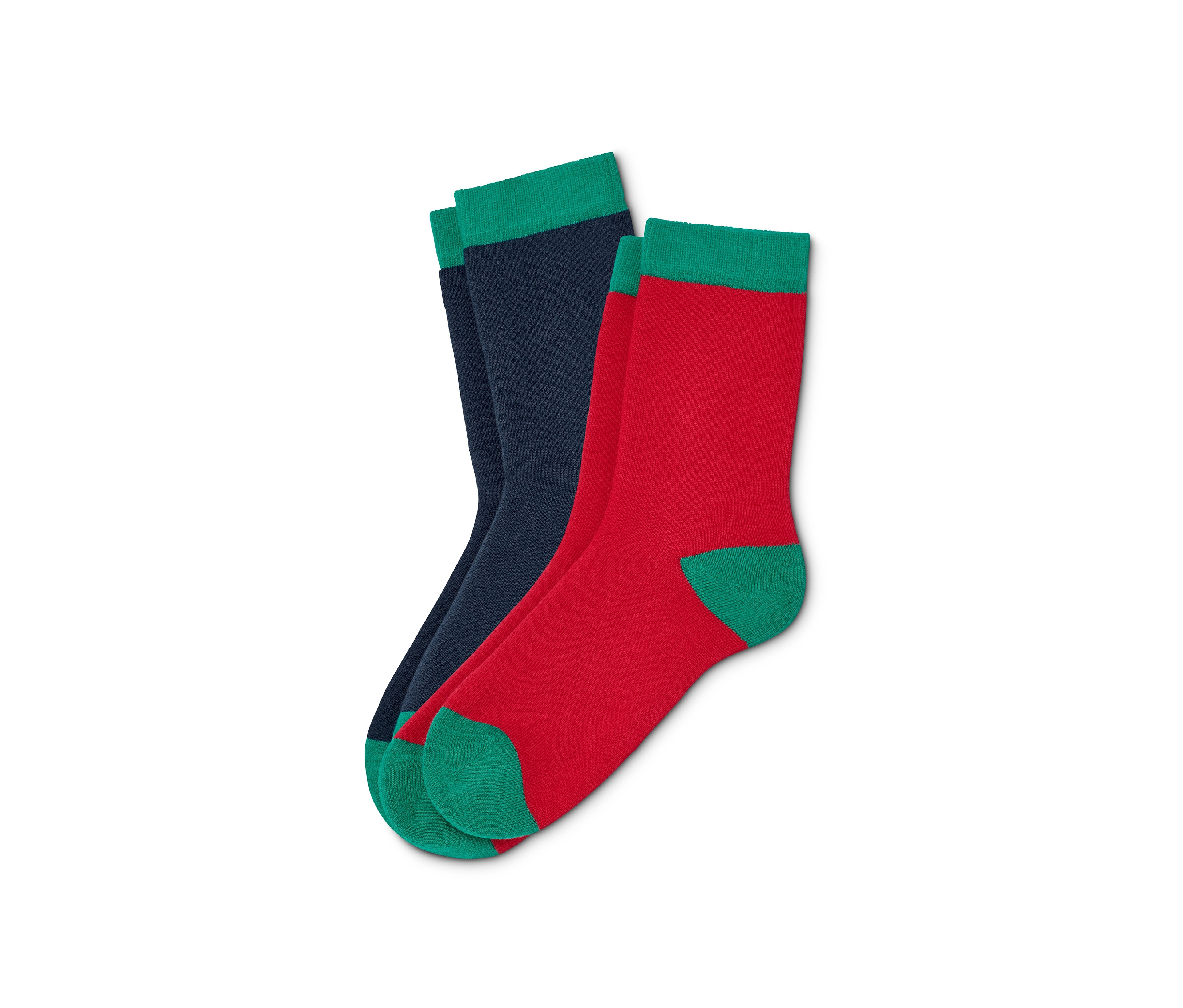 Zwei Paar Socken aus Bio-Baumwolle: ein Paar dunkelblau mit grünem Bund und Spitze, ein Paar rot mit grünem Bund und Spitze.