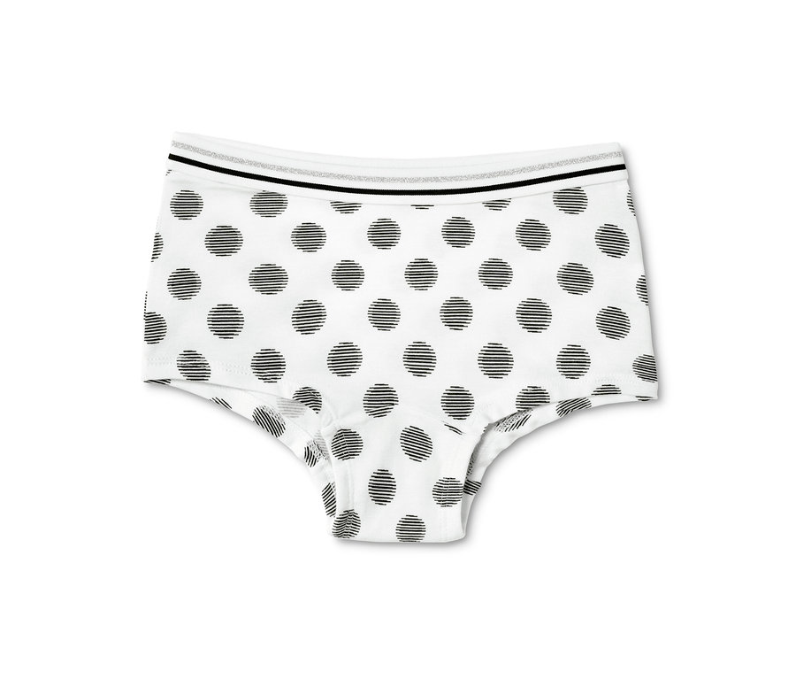Ein weißer Mädchen-Panty mit schwarzen Punkten. Der Bund ist elastisch.