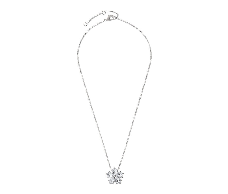 Eine rhodinierte Kette mit einer Blüte aus klaren Glaskristallen.
