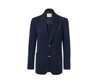Marineblaues Sakko mit Knöpfen und Taschen.