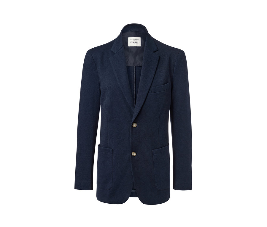 Marineblaues Sakko mit Knöpfen und Taschen.