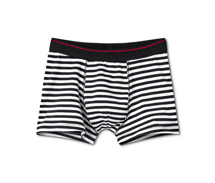 Ein Paar Jungen-Slipboxer mit schwarzen und weißen Streifen und einem schwarzen Bund mit einem dünnen roten Streifen. 7 Jungen-Slipboxer, schwarz-weiß