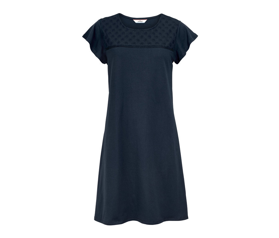 Ein marineblaues Jerseykleid mit kurzen Ärmeln und Lochstickerei im Brustbereich.