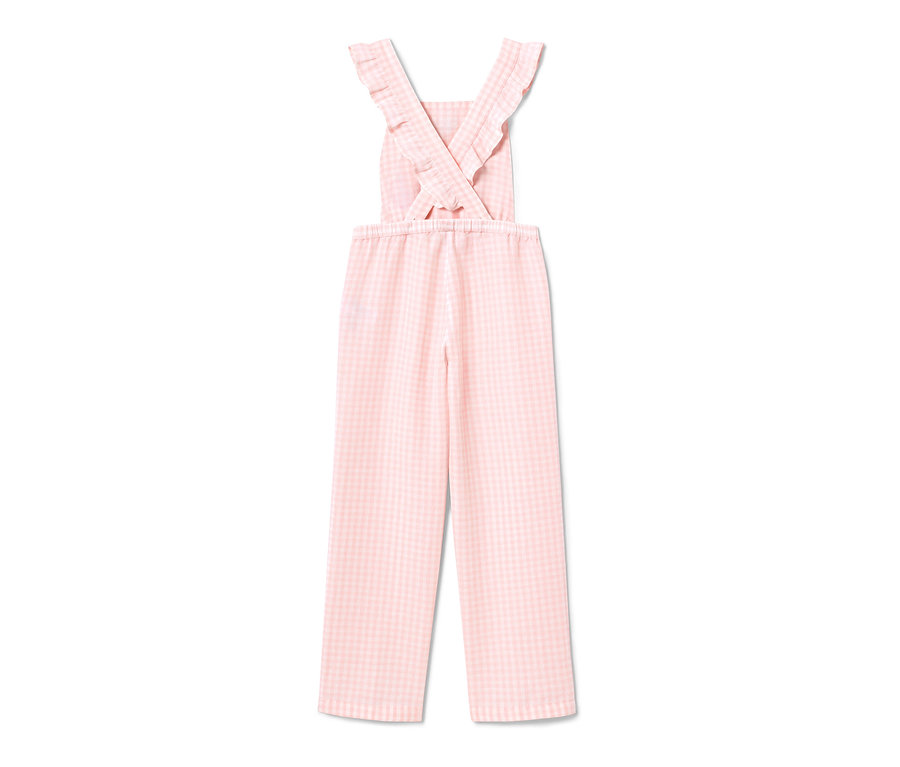 Nahaufnahme eines rosafarbenen Jumpsuits mit Karomuster und Rüschen.