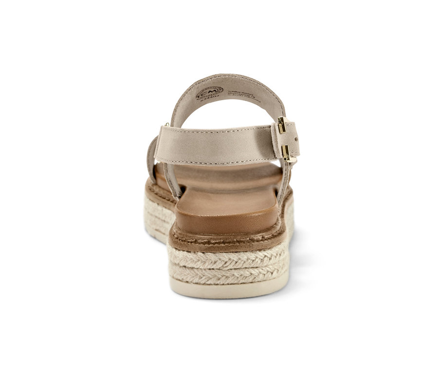 Rückansicht einer Plateau-Sandale aus Leder mit beigen Riemen und einer Jute-Plateau.