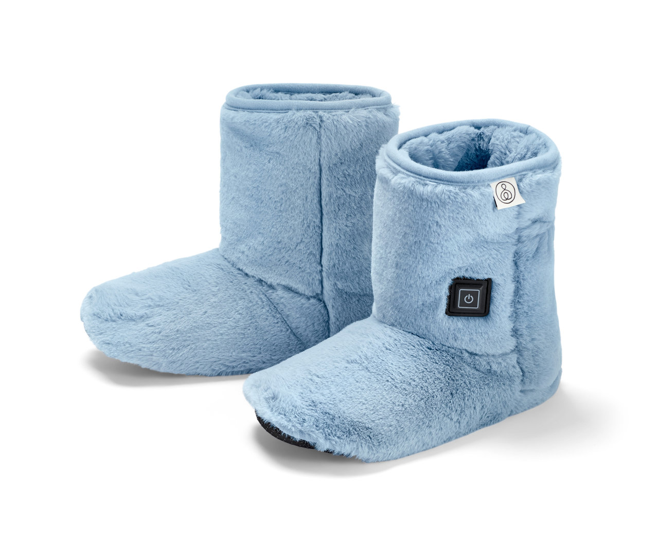 Zwei hellblaue, beheizbare Schuhe.