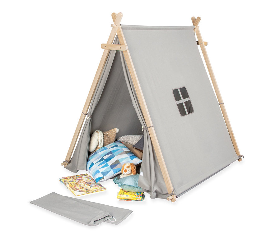 Graues Pinolino Zelt »Noah« mit Holzrahmen und Fenster, innen Kissen und Spielzeug.