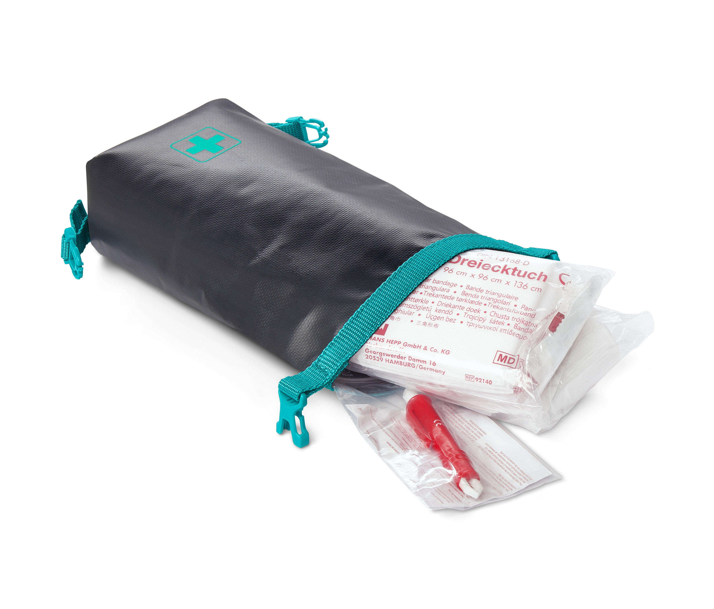 Geöffnete Erste-Hilfe-Tasche mit Inhalt.