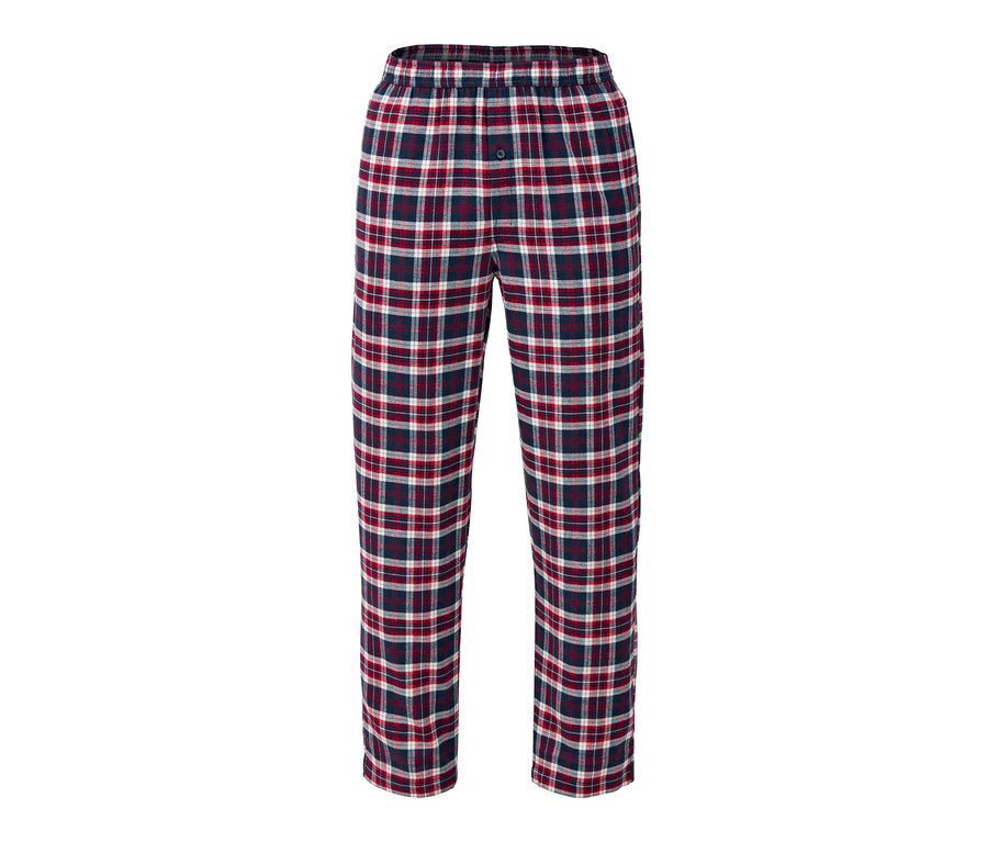Eine Flanell-Pyjamahose mit rot, weiß und dunkelblau kariertem Muster.