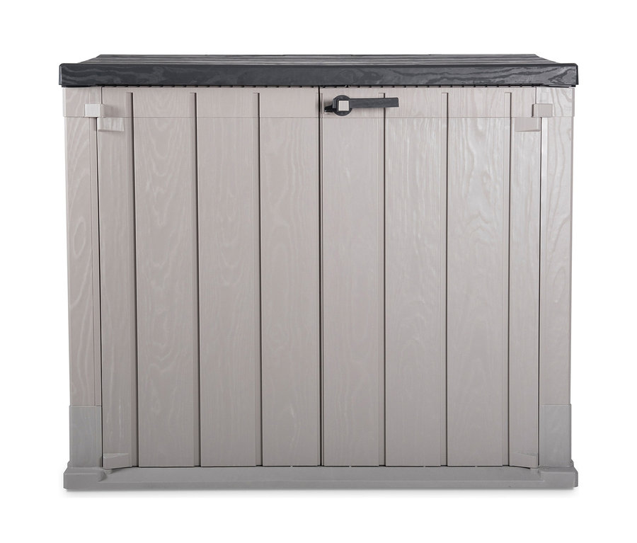 Graue Mülltonnenbox aus Kunststoff für 2x 120 l Mülltonnen mit schwarzem Oberteil.