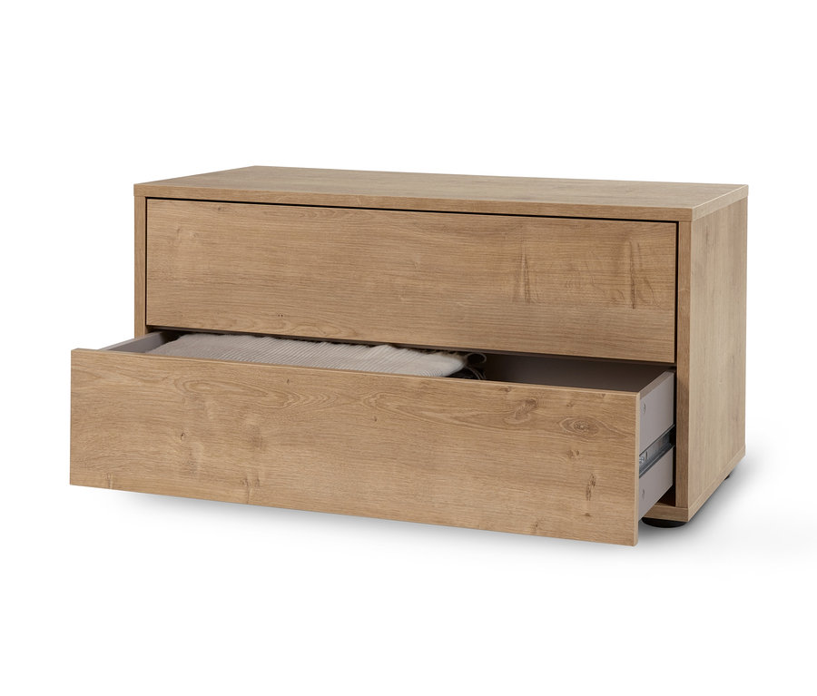 Regalmodul »Flemming« ca. 75 x 37,5 cm mit 2 Schubladen in Eichendekor, eine Schublade ist geöffnet.