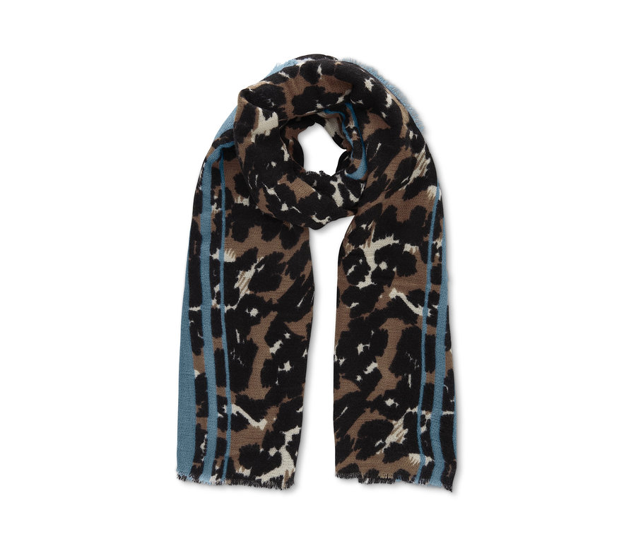 Schal mit Leopardenmuster und blauen Streifen an den Seiten.