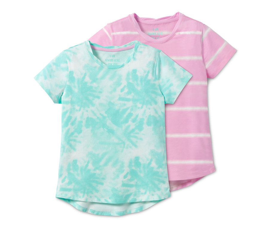 Zwei T-Shirts: eines türkis mit Batikmuster, das andere rosa mit weißen Streifen.