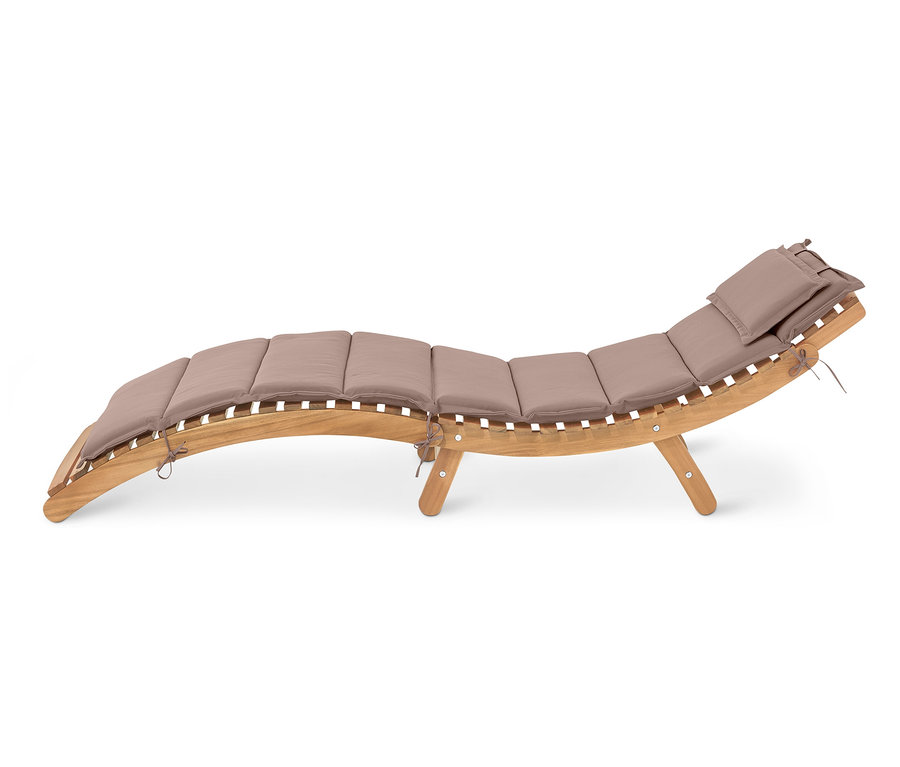 Zusammenklappbare Wellenliege »Lenja« mit beigen Kissen auf weißem Hintergrund.