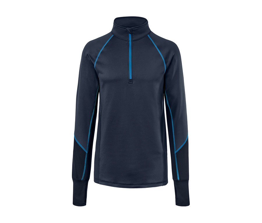 Blaues Thermo-Funktionsshirt mit langem Arm und blauem Reissverschluss.
