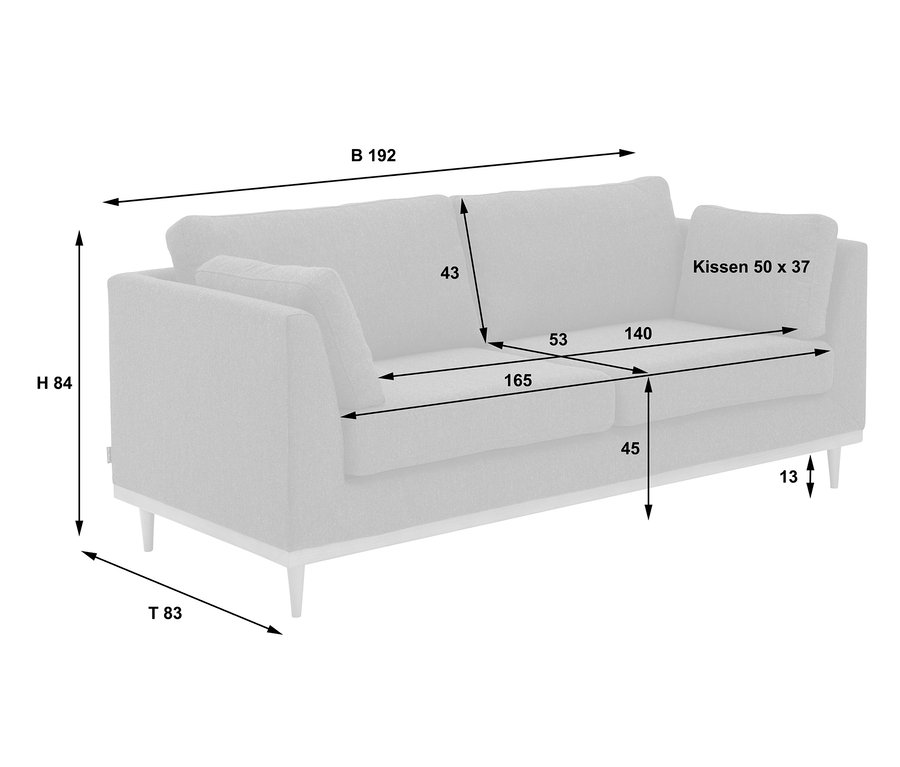 Abmessungen des hellgrauen 3-Sitzer-Sofas »Larsen«.