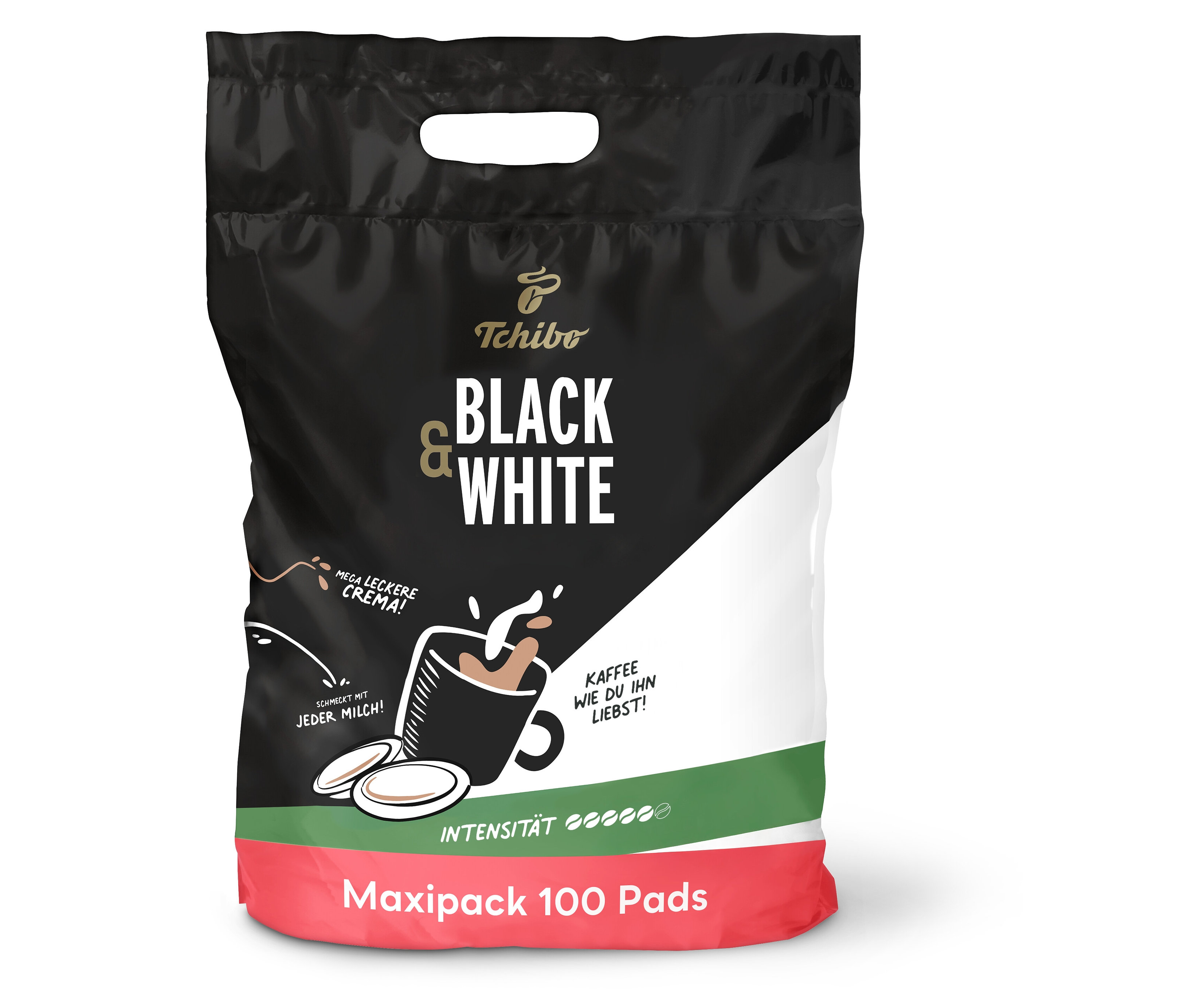 Eine Packung BLACK & WHITE Pads - 100 Pads von Tchibo ist zu sehen. Auf der Packung ist eine Tasse Kaffee abgebildet.