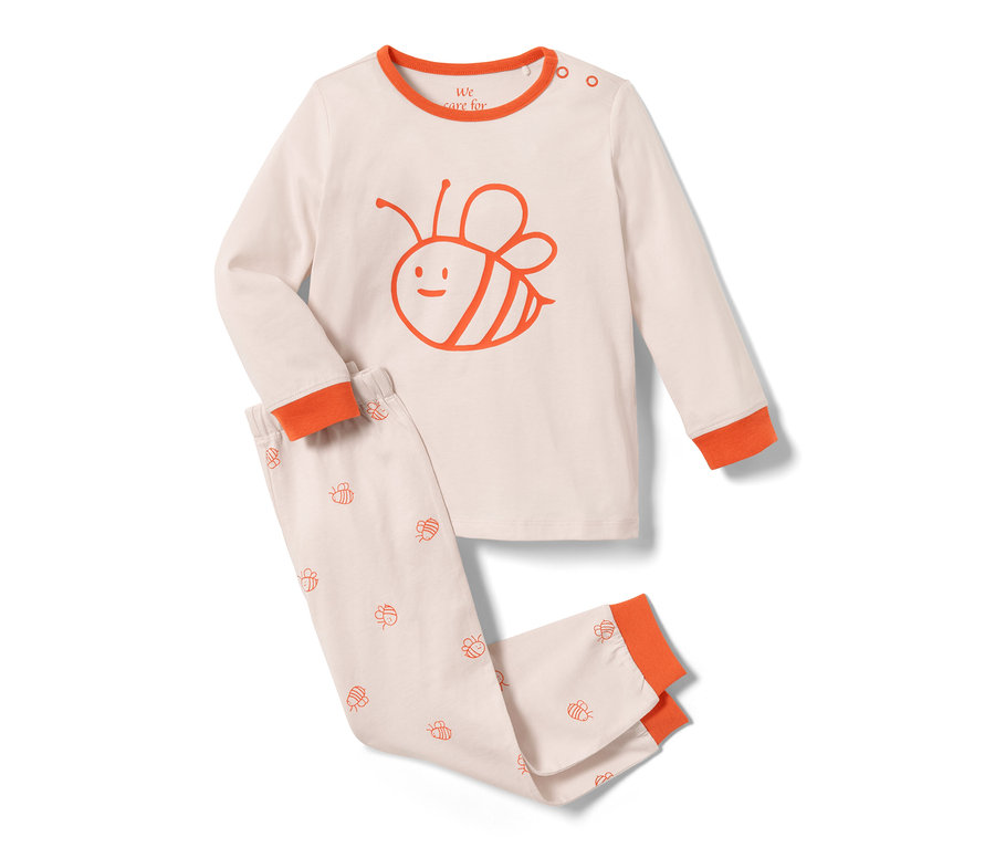 Ein rosa Oberteil mit Bienenaufdruck und eine blaue Hose mit Bienenaufdruck, aus dem 2 Kleinkinder-Pyjama Set.
