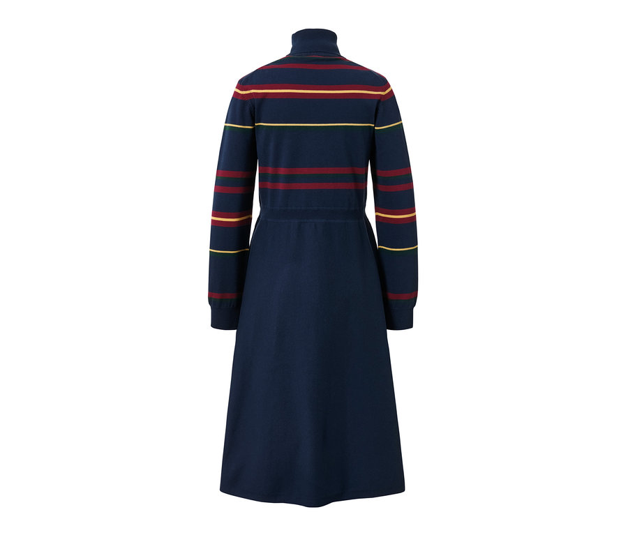 Ein gestreiftes Strickkleid mit Rollkragen in den Farben Burgunderrot, Gelb und Grün.