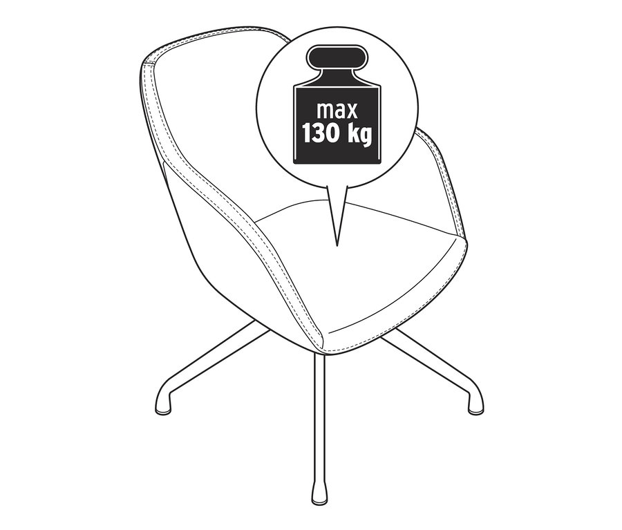 Illustration eines gepolsterten Drehstuhls aus Kunstleder mit maximaler Belastbarkeit von 130 kg.