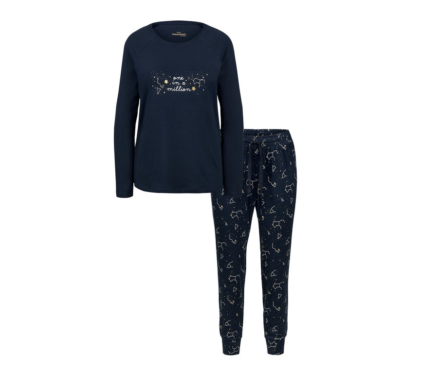 Marineblauer Pyjama mit langärmligem Oberteil und Hose mit Sternbildmuster.