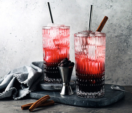 Zwei mit Eis gefüllte Nachtmann Longdrinkgläser »Ethno« mit Getränk und Strohhalm, daneben ein Messbecher mit Heidelbeeren und Zimt.