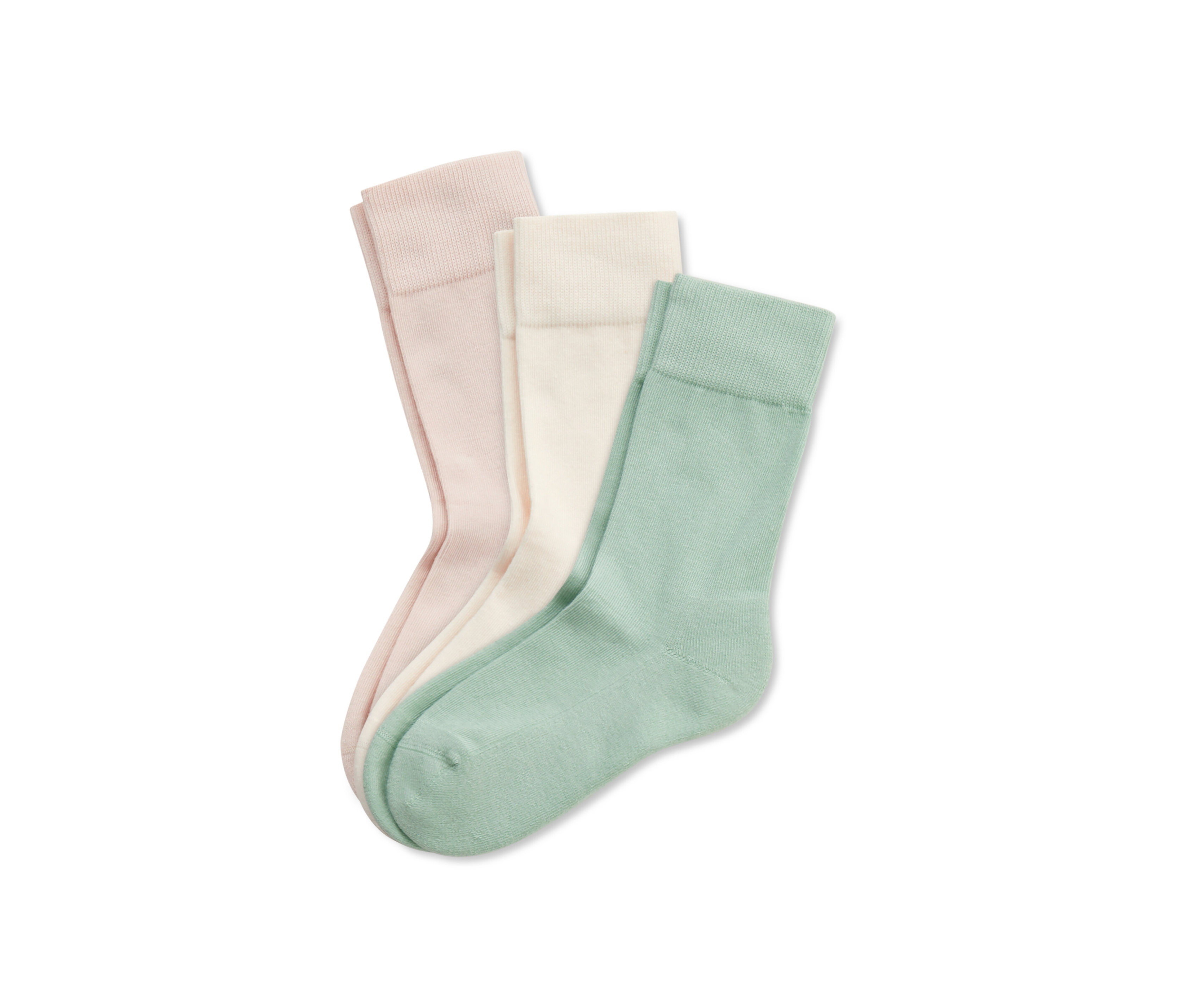 Drei Paar Socken in Salbei, Beige und Weiß.