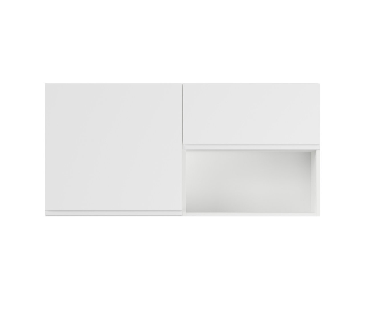 Weißes Hängeschrankmodul, links, mit Drehtür und offenem Regal rechts.