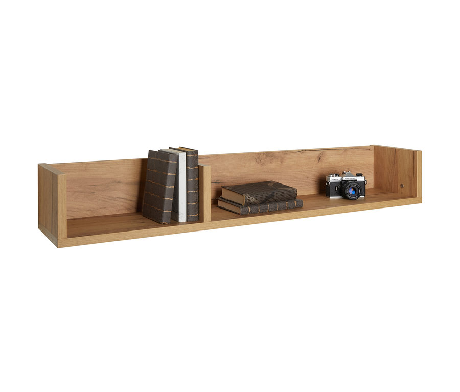 Eichenfarbenes Wandboard mit Büchern und einer Kamera.