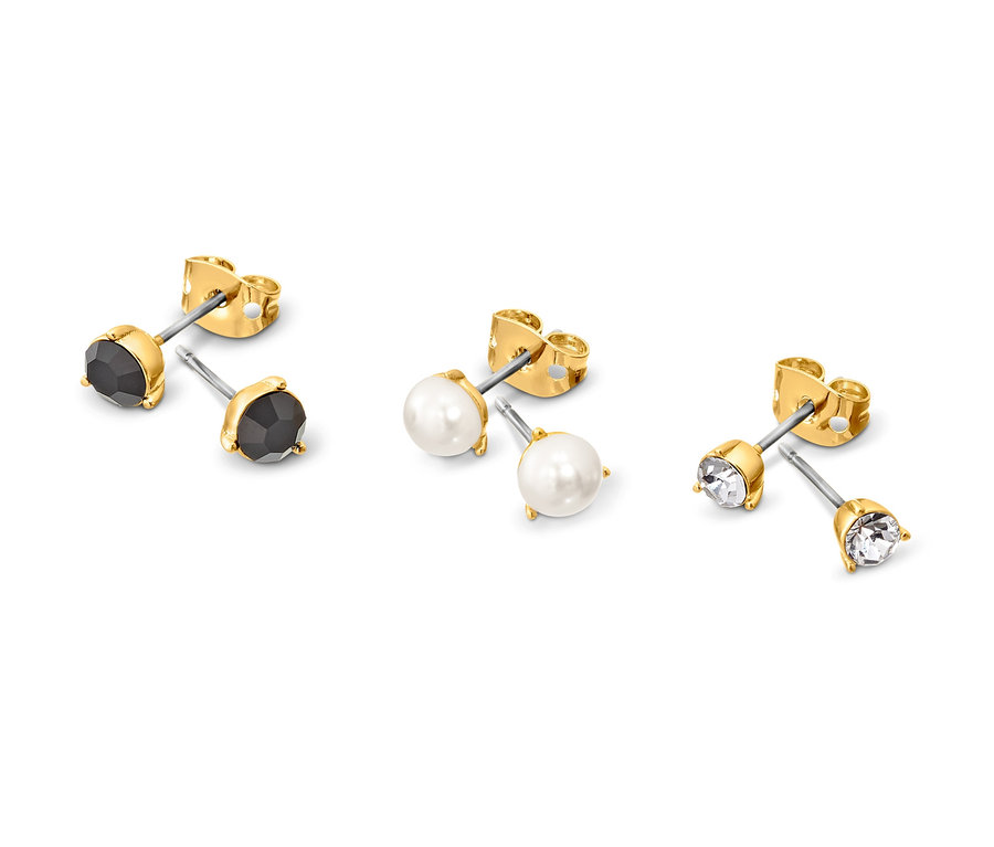 Ohrstecker Set Black and White: Goldene Ohrstecker mit schwarzem Stein, Perle und klarem Stein.