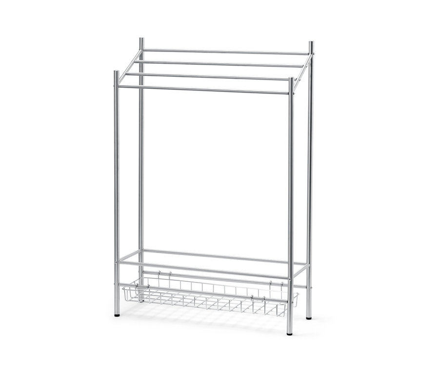 Ein silberner Handtuchhalter mit vier Stangen oben und einem Drahtkorb unten.