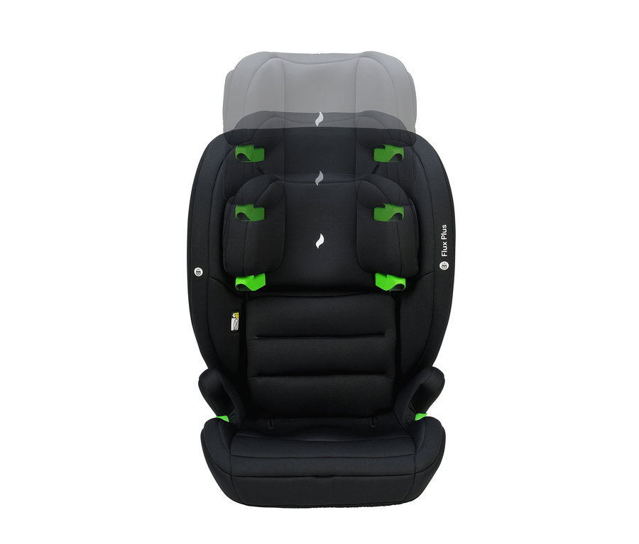 Schwarzer Osann Kindersitz »Flux Plus« mit verstellbarer Kopfstütze und grünen Details.