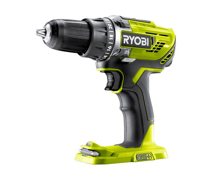 Detailaufnahme des Ryobi 18 V One+ Kompakt-Akku-Bohrschraubers in Schwarz und Grün.