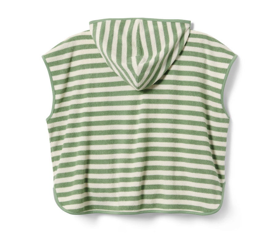 Rückansicht eines Baby- und Kleinkind-Frottierponchos mit grünen und weißen horizontalen Streifen und Kapuze.