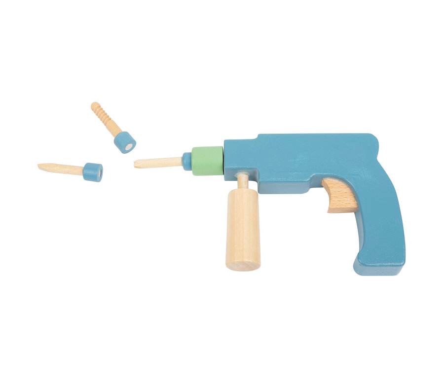 Blauer Holzspielzeugbohrer mit Holznägeln.