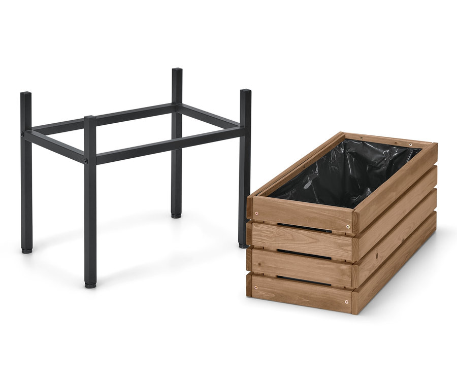 Schwarzer Metallrahmen neben einem braunen Elin Pflanzkasten mit schwarzem Einsatz.