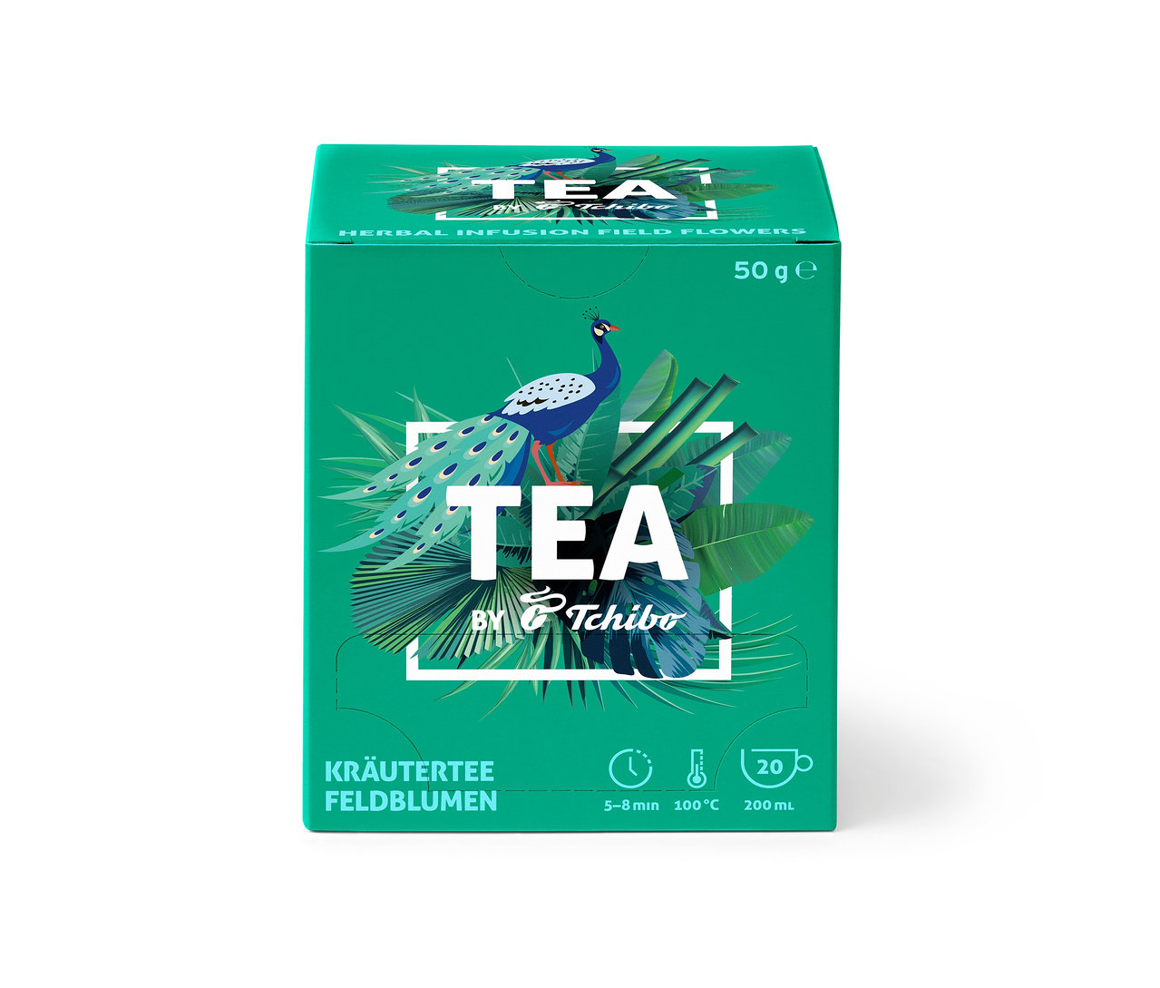 Grüne Packung TEA by Tchibo Kräutertee Feldblumen - 8x30 Teebeutel mit einer Abbildung eines Pfaus.